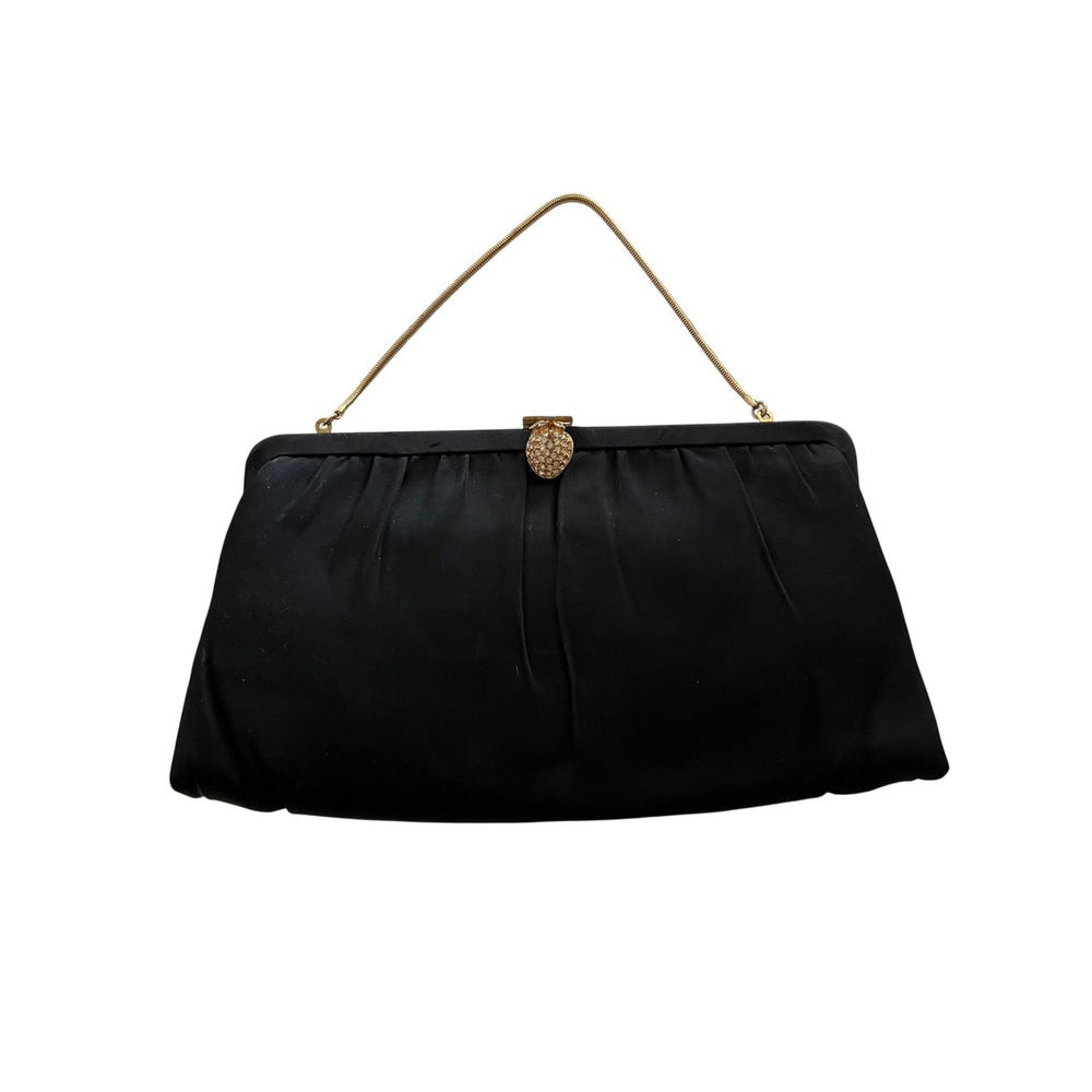 Vintage HL USA Black Satin Evening Clutch Rhinestone Strawberry Clasp Gold Chain